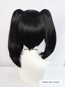 女性用黑色短直鬆鬆波波頭假髮,帶劉海和兩個中長配褶馬尾髮片,適用於動漫展、動漫博覽會、角色扮演、化妝舞會、萬聖節等場合,耐高溫合成纖維假髮,可拆卸的可愛女僕公主造型假髮,配有劉海和可拆卸的豬尾假髮,女性黑色日常假髮和1個假髮帽（4件套裝：1個假髮+2個夾片馬尾+1個假髮帽） - 黑色 - 查看 2