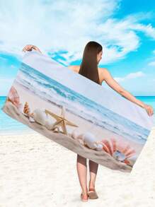 1pc Beach Towel With Starfish And Shell Pattern, Microfiber Printed Quick-Drying Absorbent Towel For Swimming, Vacation, Travel, Camping And Outdoor Activities Summer Travel, Vacation Holiday Bathroom Decor Beach Essentials
