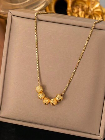 VceTd 1pc Stainless Steel 18k Gold Plated Necklace With 5 Beads Decor, Suitable For Women's Daily Wear Or Gifting