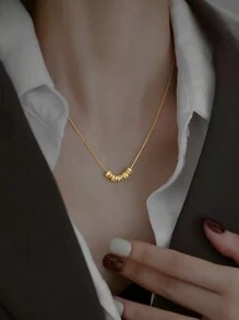 1pc Stainless Steel 18k Gold Plated Necklace With 5 Beads Decor, Suitable For Women's Daily Wear Or Gifting