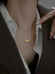 1pc Stainless Steel 18k Gold Plated Necklace With 5 Beads Decor, Suitable For Women's Daily Wear Or Gifting