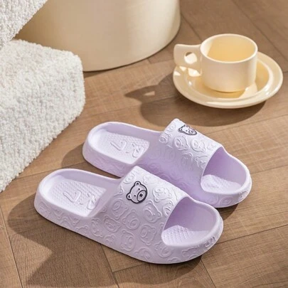 女士可爱熊图案拖鞋，纯色露趾家居软底鞋，夏季舒适日常鞋