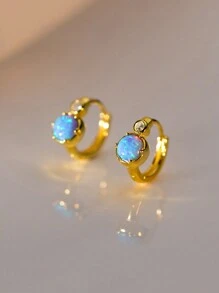 BALMORA 1 Pair 925 Sterling Silver Vintage Synthetic Opal Clip-On Earrings, Suitable For Women's Daily Wear, Gift For Dates - Gold - View 6