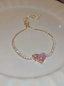 1 件时尚奢华心形和水钻装饰女士手链，适合约会、派对、节日、日常使用和节日礼物情人节、妈妈、母亲、母亲节、礼物 - 金黃色 - 查看 4
