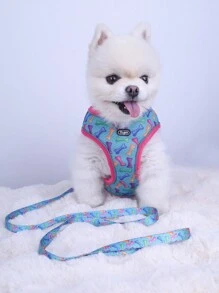 Supet 1 Conjunto Estampa De Osso Peitoral E Alça De Volta Com Guia Para Cachorros Pequenos, Adequado Para Caminhadas Ao Ar Livre