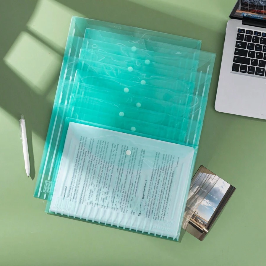 10pcs/Pack A4 Size Plastic Document Bag With Button, Waterproof File Folder For Student Archival Storage - Green - View 1
