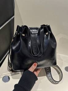 2025新款欧美复古纹理托特包容量大肩带宽，可用作手提包、单肩包或斜挎包 - 黑色 - 查看 1