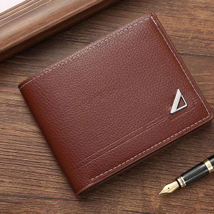 1個男士經典商務和休閒單色復古pu皮短款錢包,送給老師的禮物,男士禮物,父親禮物 - 棕色 - 查看 1