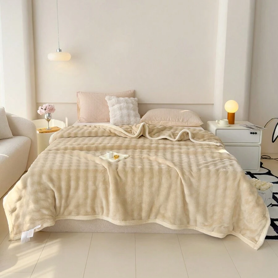 1入組高重量加厚豪華毯子,兔絨泡泡毯,透氣,親膚且保暖,反應性印染工藝,可機洗,適用於臥室、客房、沙發、辦公室等等 - 駝色 - 查看 1