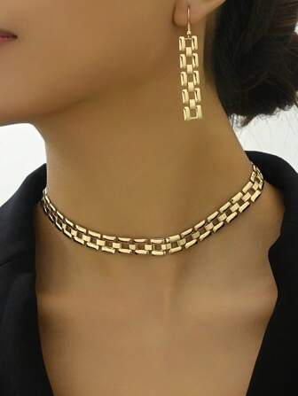 1條哥德式龐克風y2k金相鍊項鍊及1對金屬誇張耳環女士奢華珠寶套裝,適用於新年派對、晚宴和聚會