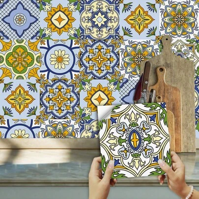 1set/10pcs Self-Adhesive Removable Pvc Tile Stickers, Waterproof Square European Floral Pattern Wall Decals For Home Decoration