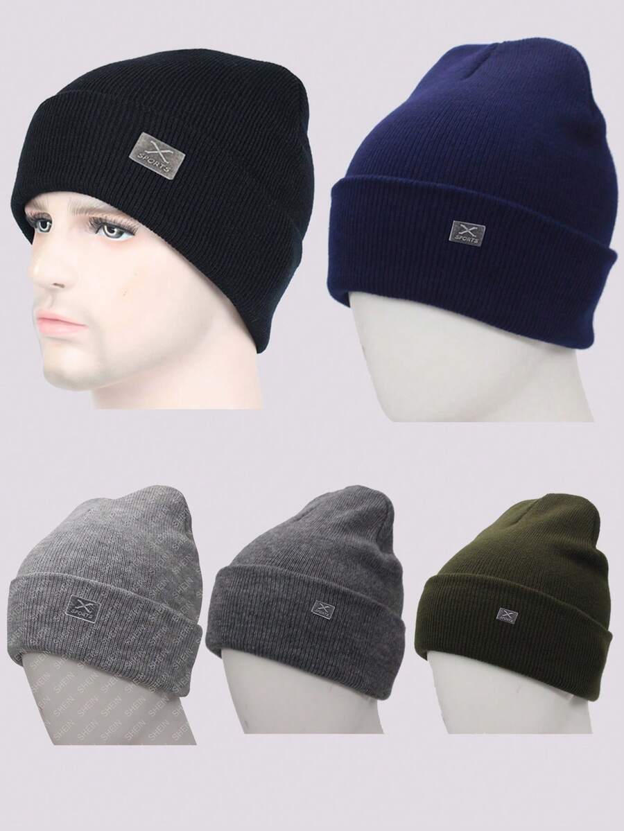 1頂男士純色時尚舒適針織帽,戶外保暖防風運動單車針織帽帶金屬扣,雙層休閒帽日常佩戴 - 彩色 - 查看 1