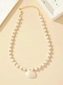 A Faux Pearl Beaded Necklace With A Vacation Style Seashell New Beach Necklace - White - View 3