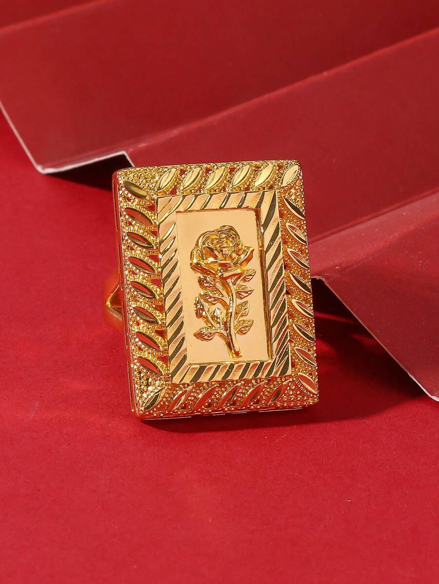 1 件奢华镂空玫瑰花宽带戒指，沙特国花乌丹玫瑰图案，开口可调节戒指，适合派对和活动 - 金黃色 - 查看 1