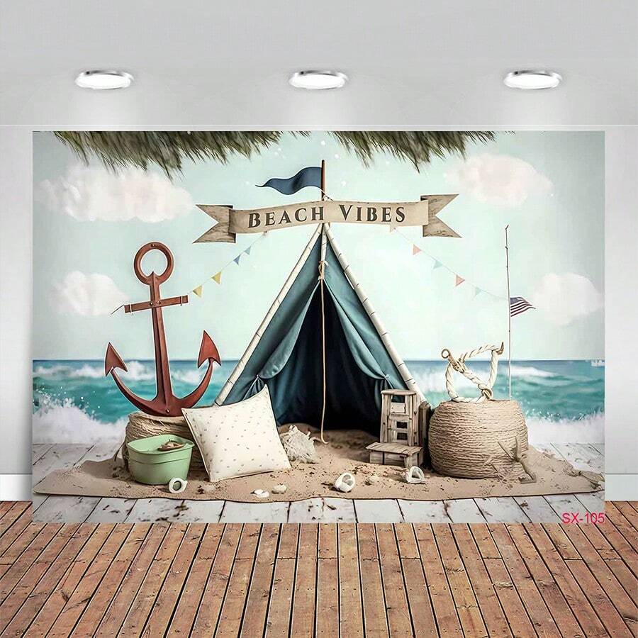 Nautical Rudder Starfish Photography Backdrop Wooden Splint Board Sailor Portrait Birthday Party Portrait Photo Background - Yellow - View 1