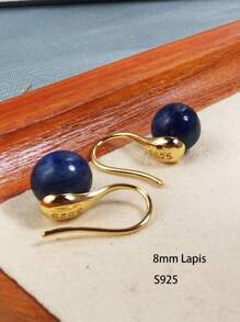 1 Đôi bông tai móc bằng bạc Sterling S925 đính đá Lapis Lazuli 8mm, thích hợp cho nữ giới đeo hàng ngày hoặc dự tiệc. - Vàng - Xem 2