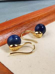 1 Đôi bông tai móc bằng bạc Sterling S925 đính đá Lapis Lazuli 8mm, thích hợp cho nữ giới đeo hàng ngày hoặc dự tiệc. - Vàng - Xem 1