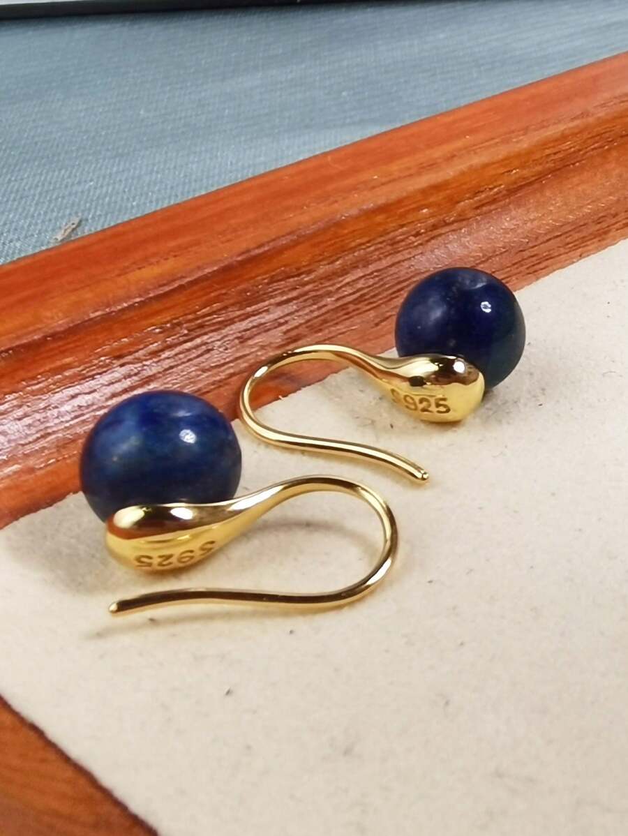 1 Đôi bông tai móc bằng bạc Sterling S925 đính đá Lapis Lazuli 8mm, thích hợp cho nữ giới đeo hàng ngày hoặc dự tiệc. - Vàng - Xem 1