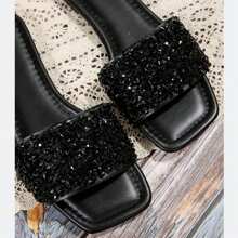 Women's Rhinestone Casual Fashion Slippers Square Open Toe Flat Bottom Sandals Summer Beach Slippers Indoor And Outdoor - 黑色 - 查看 8