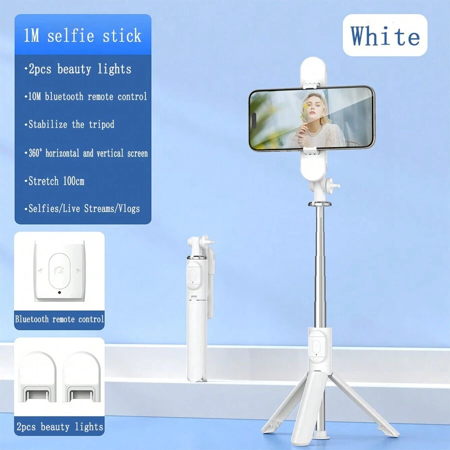 1pc Phone Tripod Selfie Stick 39" With Light With Bluetooth Remote, 360° Rotation Compatible With All Smartphone 2 Fill Lights White - 2 White Fill Lights - View 1