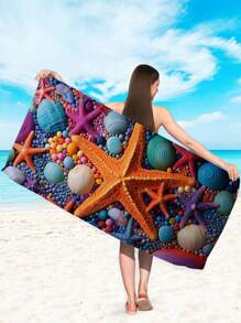 1pc Starfish & Shell Pattern Beach Towel, Microfiber Printed Quick Dry Absorbent Towel, Suitable For Swimming, Vacation, Travel, Outdoor CampingSummer Travel,Vacation Holiday Bathroom Decor Beach Essentials