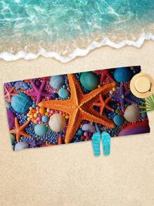 1pc Starfish & Shell Pattern Beach Towel, Microfiber Printed Quick Dry Absorbent Towel, Suitable For Swimming, Vacation, Travel, Outdoor CampingSummer Travel,Vacation Holiday Bathroom Decor Beach Essentials