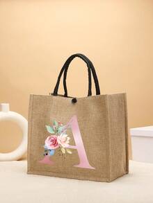 1個花卉字母圖案大布袋,亞麻手提袋,個性化姓名印刷,適合婚禮、生日、海灘、假日等。適用於女性、母親、教師、朋友、花嫁、學生,適用於返校、教師禮物,簡單大容量手提袋,輕便休閒收納袋,多功能購物袋,全新設計,大容量,適合購物、肩背、攜帶、午餐袋、餐盒、郵差袋,適合男女日常使用 - 卡其色 - 查看 5