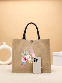 1個花卉字母圖案大布袋,亞麻手提袋,個性化姓名印刷,適合婚禮、生日、海灘、假日等。適用於女性、母親、教師、朋友、花嫁、學生,適用於返校、教師禮物,簡單大容量手提袋,輕便休閒收納袋,多功能購物袋,全新設計,大容量,適合購物、肩背、攜帶、午餐袋、餐盒、郵差袋,適合男女日常使用 - 卡其色 - 查看 4