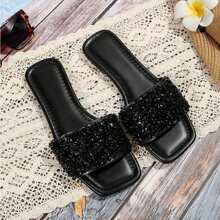 Women's Rhinestone Casual Fashion Slippers Square Open Toe Flat Bottom Sandals Summer Beach Slippers Indoor And Outdoor - 黑色 - 查看 7