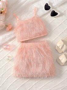 2 件套年轻女孩流苏背心和裙子套装，非常适合夏季派对和度假风格，年轻女孩服装女孩