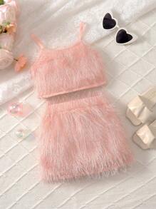 2 件套年轻女孩流苏背心和裙子套装，非常适合夏季派对和度假风格，年轻女孩服装女孩