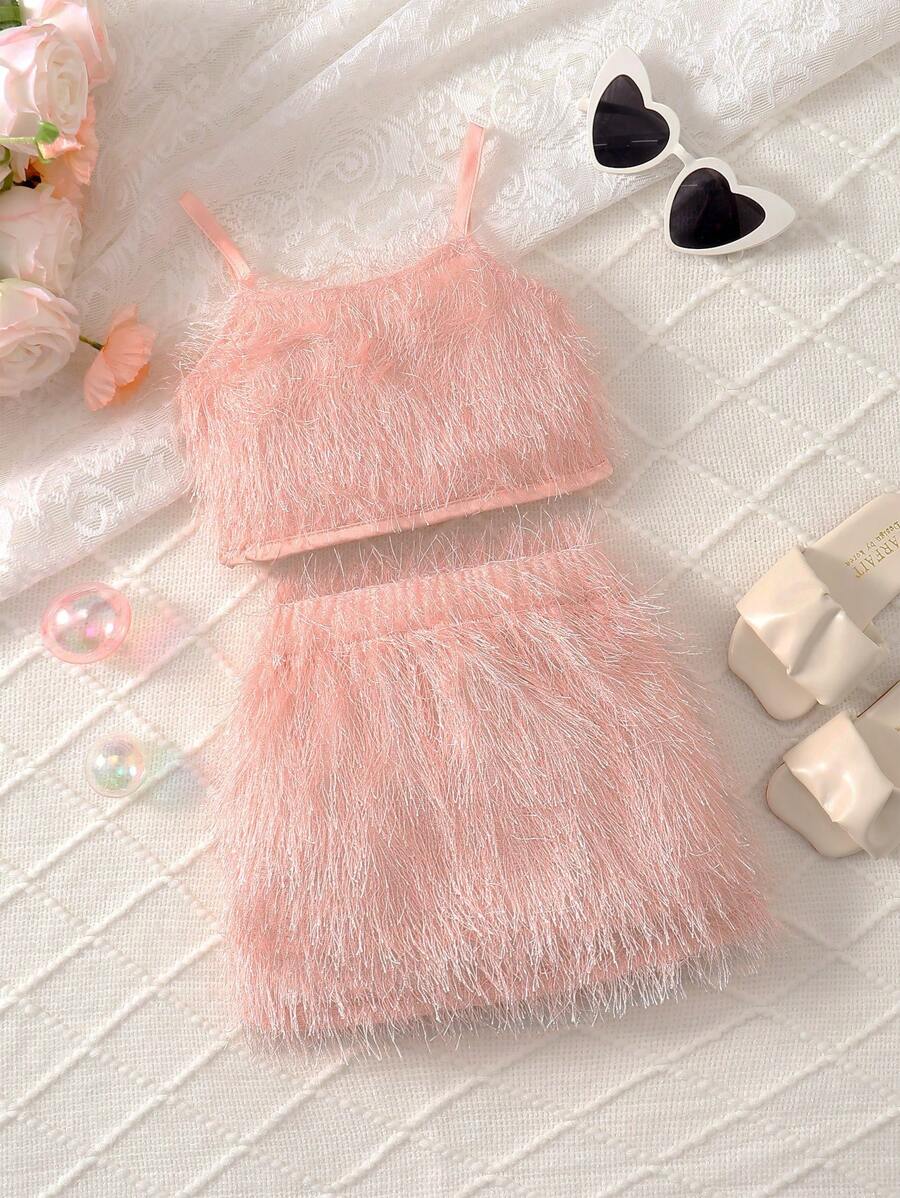 2 件套年轻女孩流苏背心和裙子套装，非常适合夏季派对和度假风格，年轻女孩服装女孩