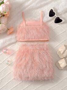 2 件套年轻女孩流苏背心和裙子套装，非常适合夏季派对和度假风格，年轻女孩服装女孩