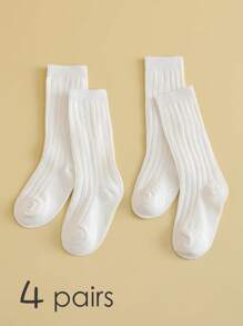 4pairs Children's White Solid Color Fashionable Sports Style Knee-High Socks Suitable For School, Leisure And Vacation