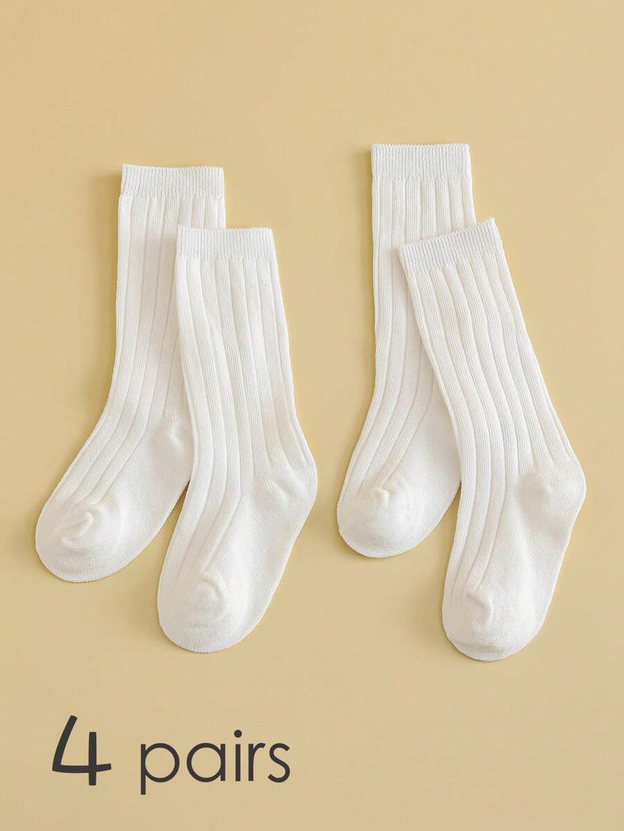4pairs Children's White Solid Color Fashionable Sports Style Knee-High Socks Suitable For School, Leisure And Vacation