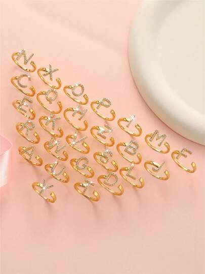 1pc Elegant Lady Style Zirconia Inlaid 26 Letter Open Ring, Initial Letter Ring, Suitable Gift For Friends And Classmates, Popular Among Women