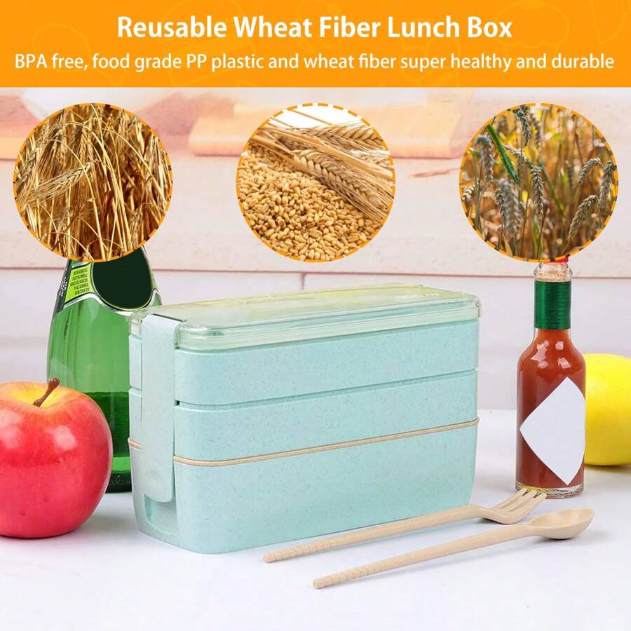 900ml Bento Box For Adults Kids 3 Stackable Meal Box Leak-Proof Bento Meal Box Portable Meal Food Container Reusable Healthy Plastic Food Storage Box Dishwasher Microwave Safe - 綠色 - 查看 1