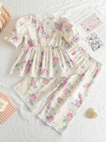 Young Girls' 2pcs  Flower Printed Lace Trimmed Puff Sleeve Shirt And Wide Leg Pants Set
