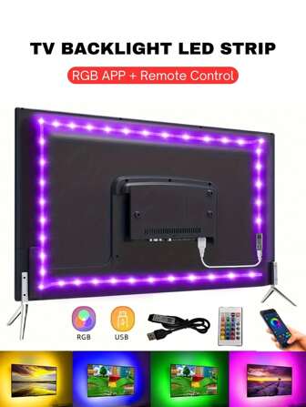 aiinnew 1pc 2 Way Control LED Strip, 1/3/5/10/15m, 3.3/10/16/33/50ft Smart Phone App + 24-Key Remote, Usb Powered 5V Rgb Led Strip Lights, Multiple Sync Music Changing Color For Tv Background, Atmosphere Light Decoration, Ideal For Game/Living Room, Festivals, And Dynamic Lighting Effects (No Power Adapter)