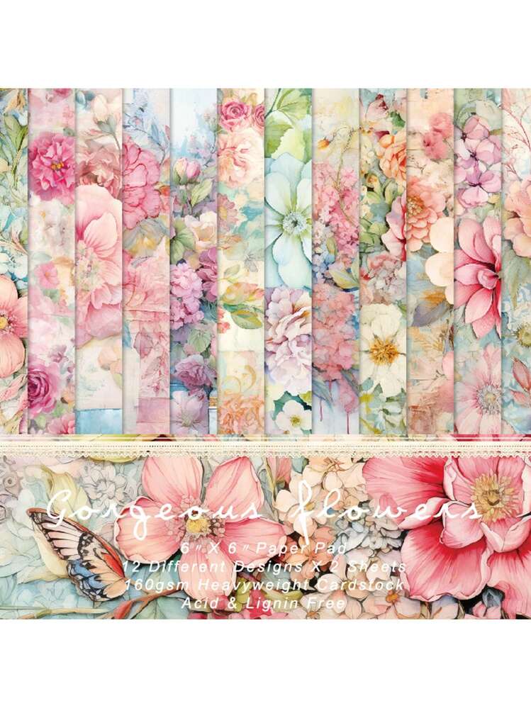 Kauzon - 24 Fogli Di Carta Vintage Blu Floreale, 160g/m², 30,5x30,5 Cm, Doppia Faccia, Per Scrapbooking