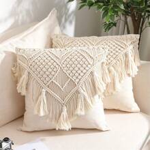 Boho Style Beige Crochet Tassel Throw Pillow Cover - Farmhouse Decor Cushion Cover, Suitable For Sofa, Bed, Living Room (No Insert) - Perfect For Halloween And Christmas Decorative Pillows