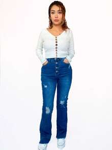 Pantalón de dama tiro alto y cintura alta controladora de abdomen - Azul lavado oscuro - Ver 3