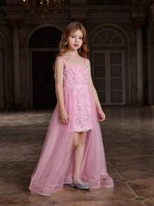 Tween Girl 网眼撞色花朵装饰吊带连衣裙 - 淺粉色 - 查看 4