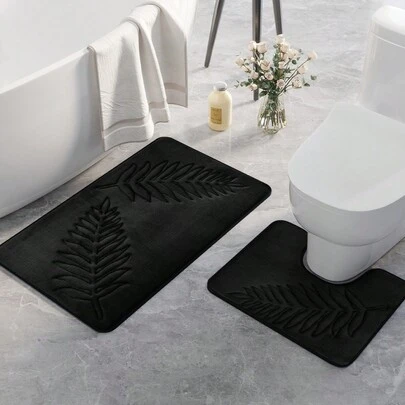 1pc Leaf Patterned Carpet, Minimalist Style Polyester Fiber Rectangle Memory Foam Absorbent Mat Suitable For Bathroom, Restroom, Living Room, Home Use