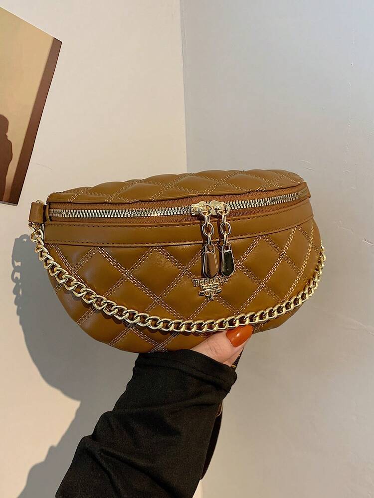 Bolso Retro De Cadera De Color Sólido, Estilo Casual Y Callejero Para Uso Diario, Viaje Y Vacaciones, Correa Ajustable, Mujeres - Marrón - Ver 1