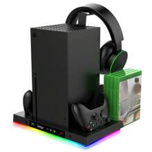 For Xbox Series X Cooling Stand Controller Gamepad Charge Seat For XBX With Headphone Hook And Game Discs Card Slot RGB Light Double Fan - Black - View 4