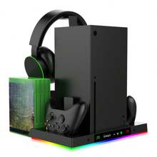 For Xbox Series X Cooling Stand Controller Gamepad Charge Seat For XBX With Headphone Hook And Game Discs Card Slot RGB Light Double Fan - Black - View 7