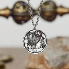 復古個性貓頭鷹形圓墜項鍊,簡約創意女士派對禮物 - 銀色 - 查看 4