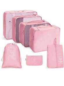 7入組旅行收納袋組合,包括衣物、行李箱、毛毯、鞋子、手提包、行李袋和收納盒 - 粉色 - 查看 3