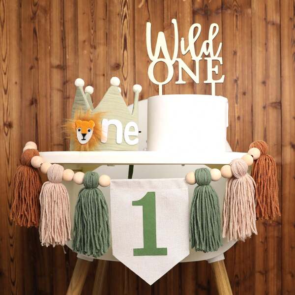 Decoración para el primer cumpleaños "Wild One" - Gorro de lana con pompón en forma de león verde, guirnalda de borlas de hilo verde para decorar el dormitorio